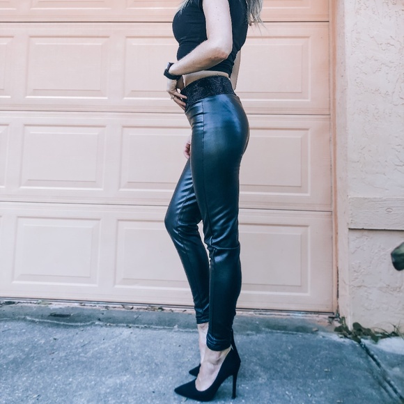 New High Rise Eco Leather Leggings,Turkish Leather Pants, Rhinestone Leggings - Picture 7 of 10